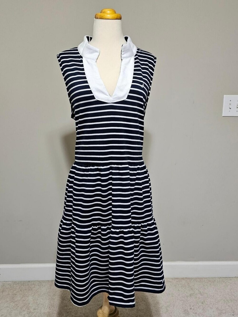 Nautica Jeans Navy White Striped Collared Tiered Midi Dress XL